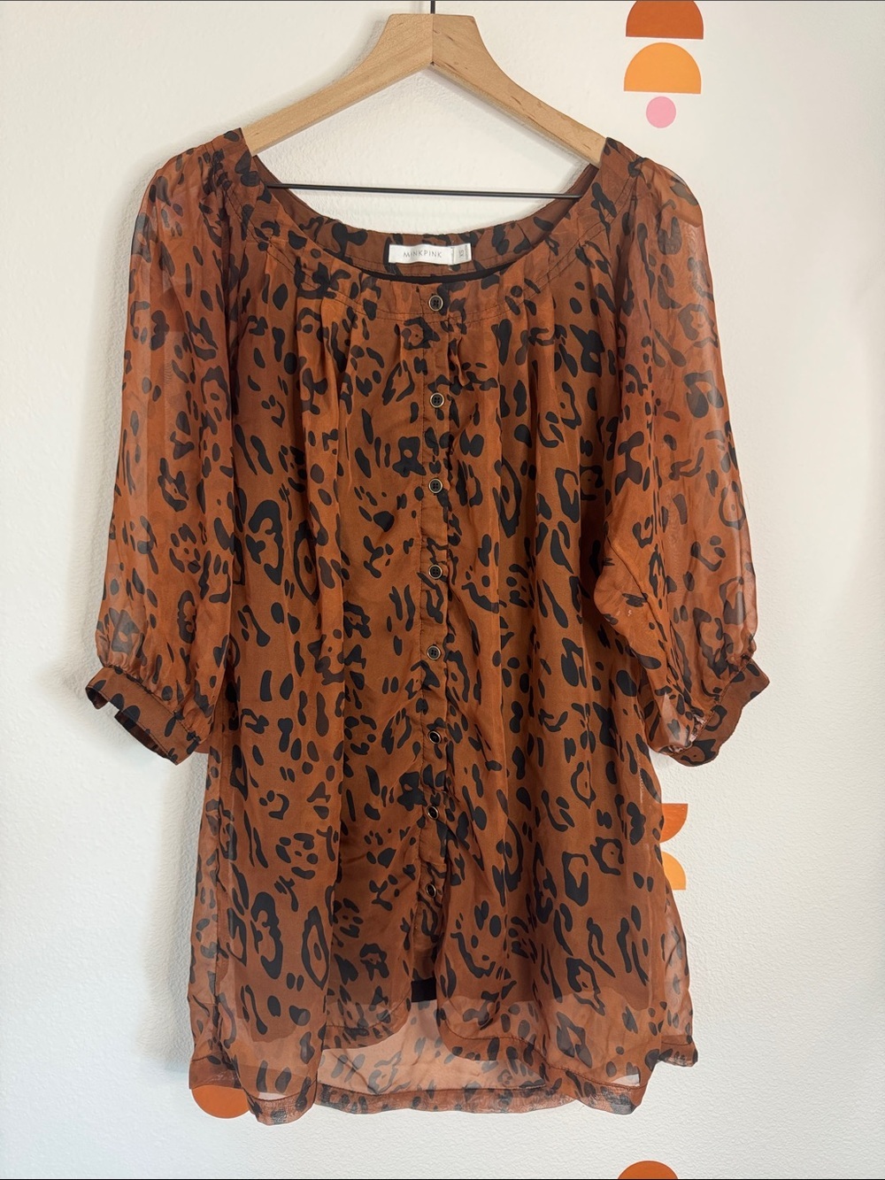 MINKPINK Sheer Leopard Print Blouse XS Brown Animal Print Button Front Top N0193